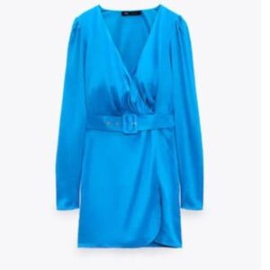 Zara Blue Satin Effect Belted Wrap Long Sleeve Mini Dress